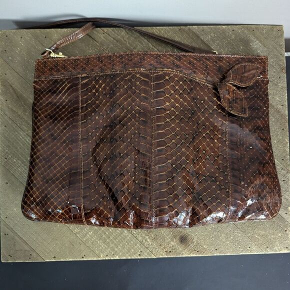 Vintage Leather Purse, Embossed Faux Snake Skin shoulder bag brown 1970s - Picture 6 of 10